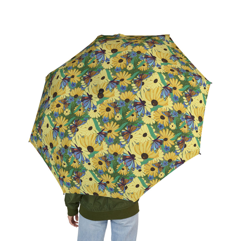The Susans Party Foldable Umbrella — Bright Yellow Floral Pattern, Semi-Automatic Compact Rain Umbrella