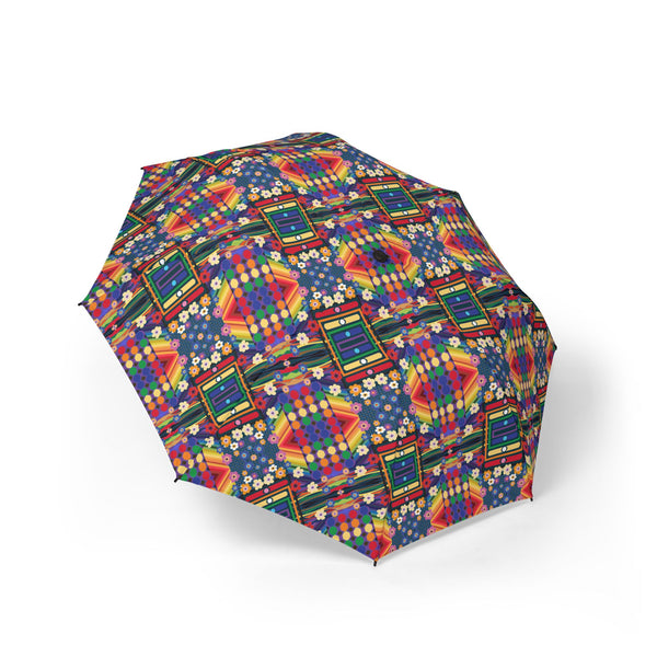 PoMo RetroAfroHomo Foldable Umbrella — Pride Geometric Retro Pattern, Compact Semi-Automatic Travel Umbrella