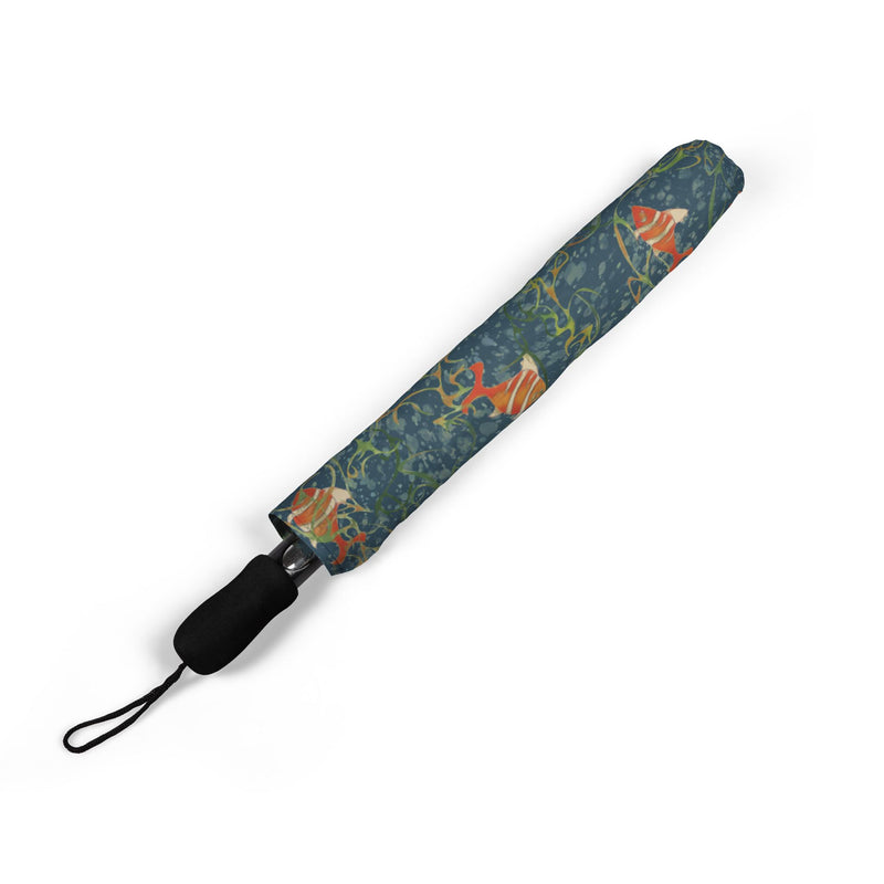 Unschooled Foldable Umbrella — Teal & Orange Fish Pattern Semi-Automatic Travel Umbrella