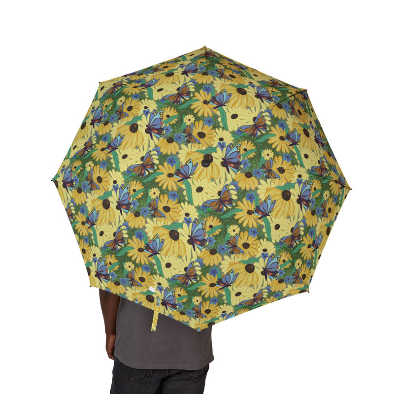 The Susans Party Foldable Umbrella — Bright Yellow Floral Pattern, Semi-Automatic Compact Rain Umbrella