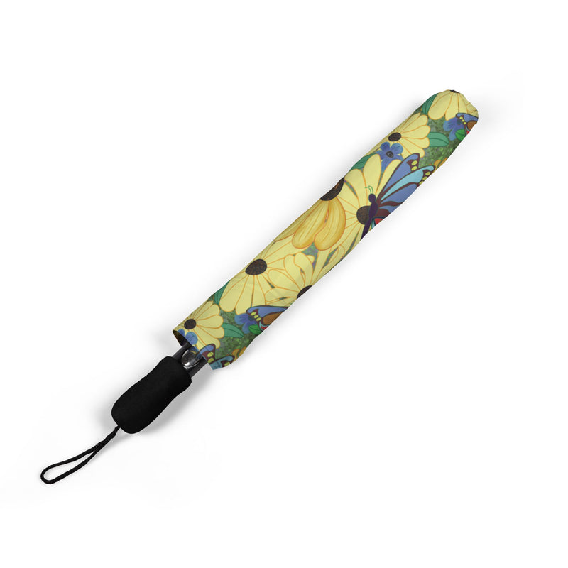 The Susans Party Foldable Umbrella — Bright Yellow Floral Pattern, Semi-Automatic Compact Rain Umbrella