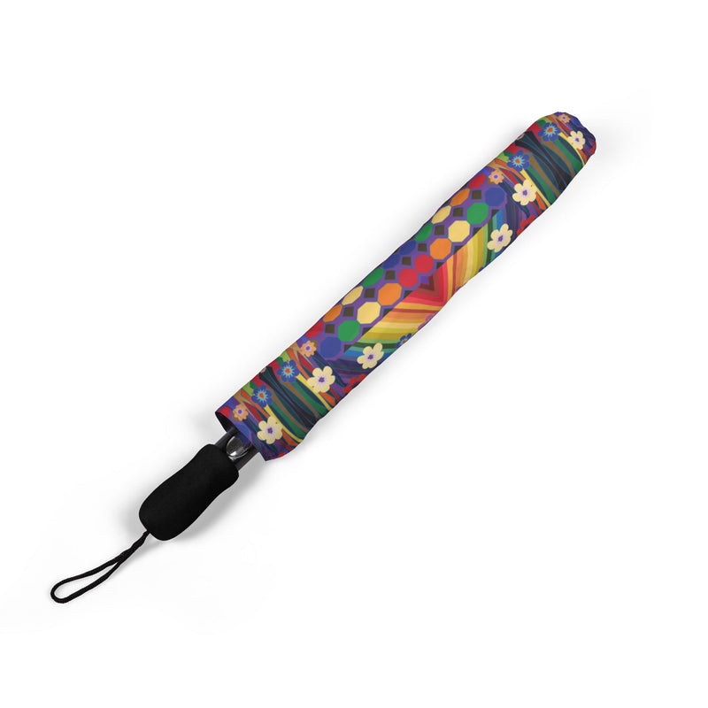 PoMo RetroAfroHomo Foldable Umbrella — Pride Geometric Retro Pattern, Compact Semi-Automatic Travel Umbrella