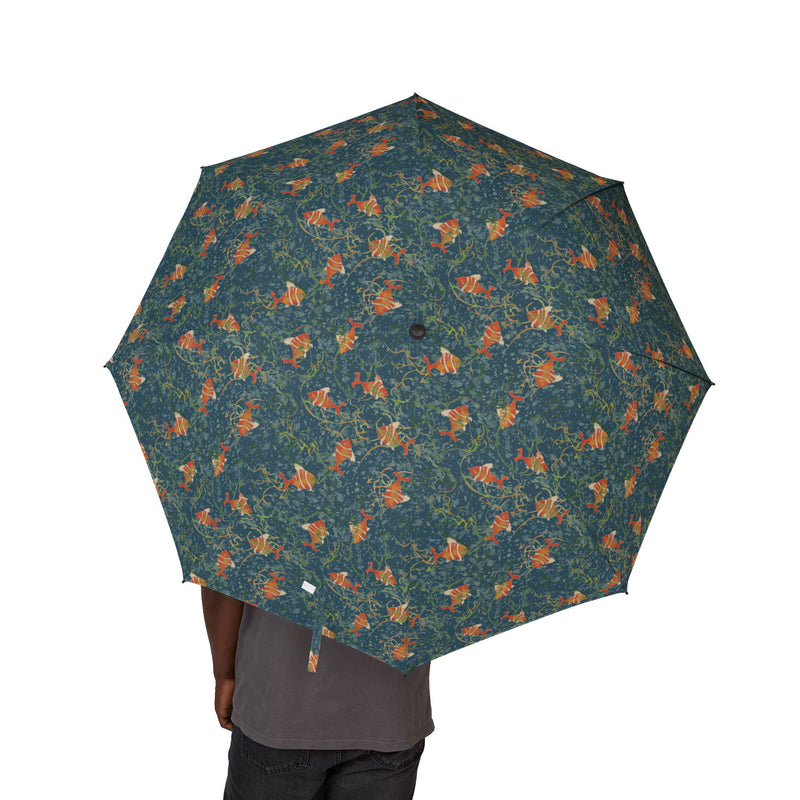 Unschooled Foldable Umbrella — Teal & Orange Fish Pattern Semi-Automatic Travel Umbrella