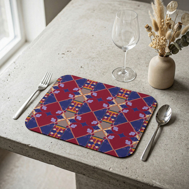 Ujamaa Leather Placemat — Boho Geometric (Red & Navy)