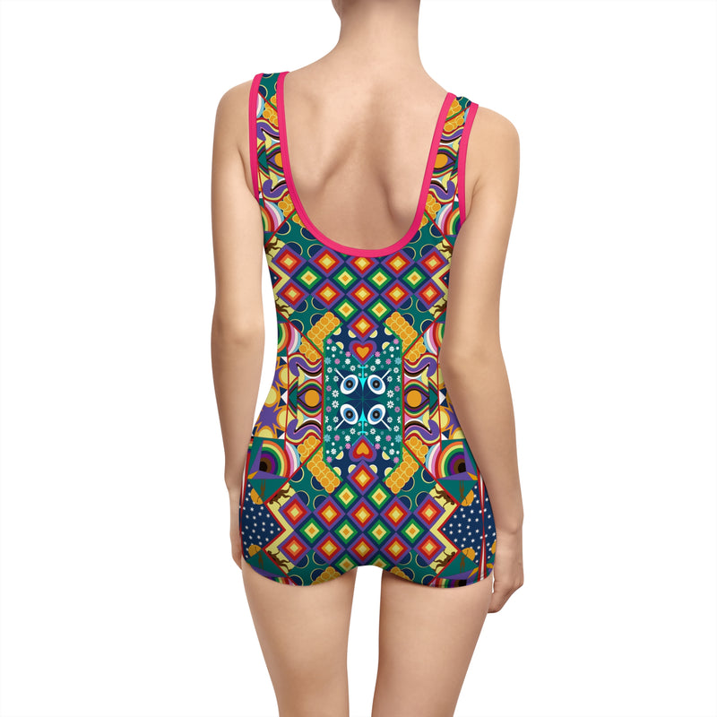 Chaos Iz Liberation Gender Neutral Swimsuit — Colorful Retro Geometric