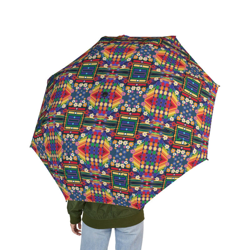 PoMo RetroAfroHomo Foldable Umbrella — Pride Geometric Retro Pattern, Compact Semi-Automatic Travel Umbrella