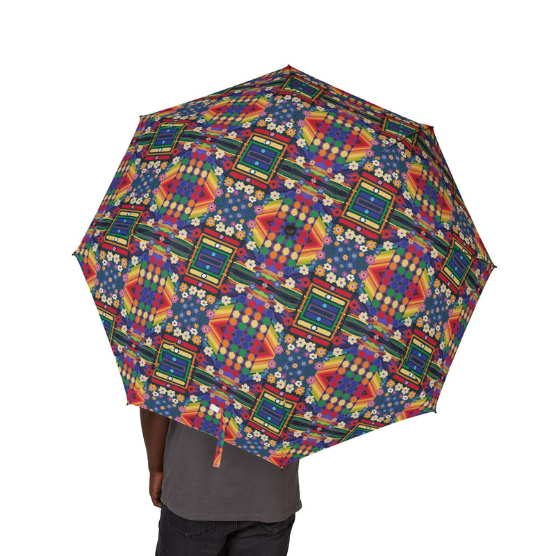 PoMo RetroAfroHomo Foldable Umbrella — Pride Geometric Retro Pattern, Compact Semi-Automatic Travel Umbrella