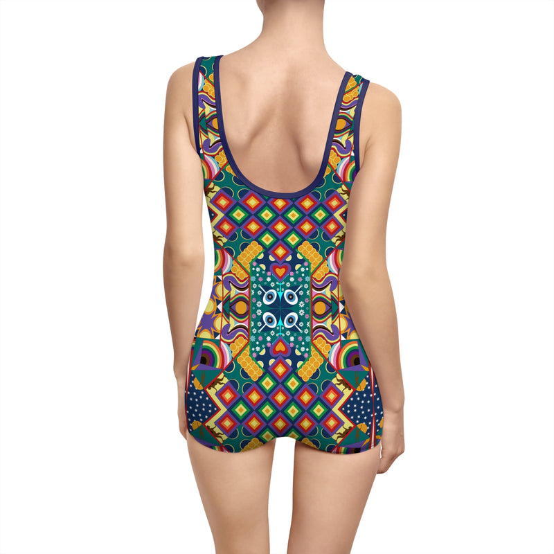 Chaos Iz Liberation Gender Neutral Swimsuit — Colorful Retro Geometric