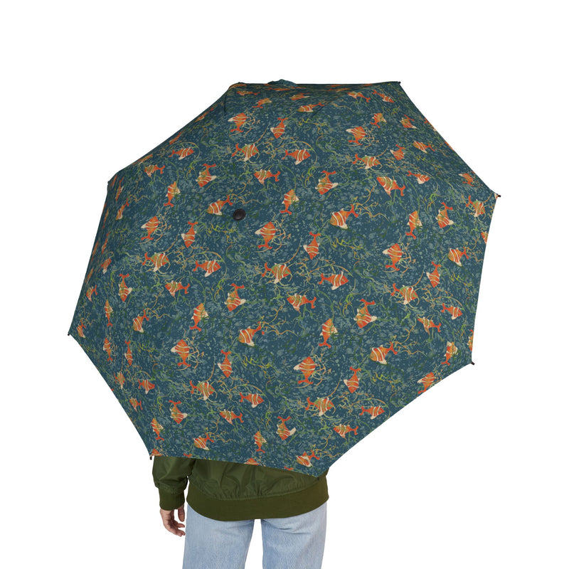 Unschooled Foldable Umbrella — Teal & Orange Fish Pattern Semi-Automatic Travel Umbrella