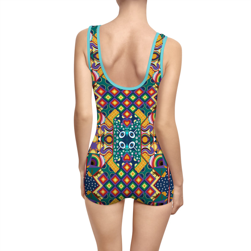 Chaos Iz Liberation Gender Neutral Swimsuit — Colorful Retro Geometric