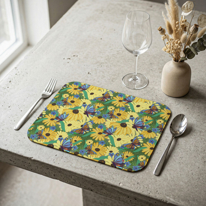 The Susans Party Leather Placemat — Yellow Daisy & Blue Butterfly Floral Table Mat