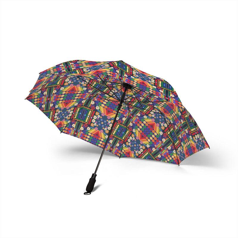 PoMo RetroAfroHomo Foldable Umbrella — Pride Geometric Retro Pattern, Compact Semi-Automatic Travel Umbrella