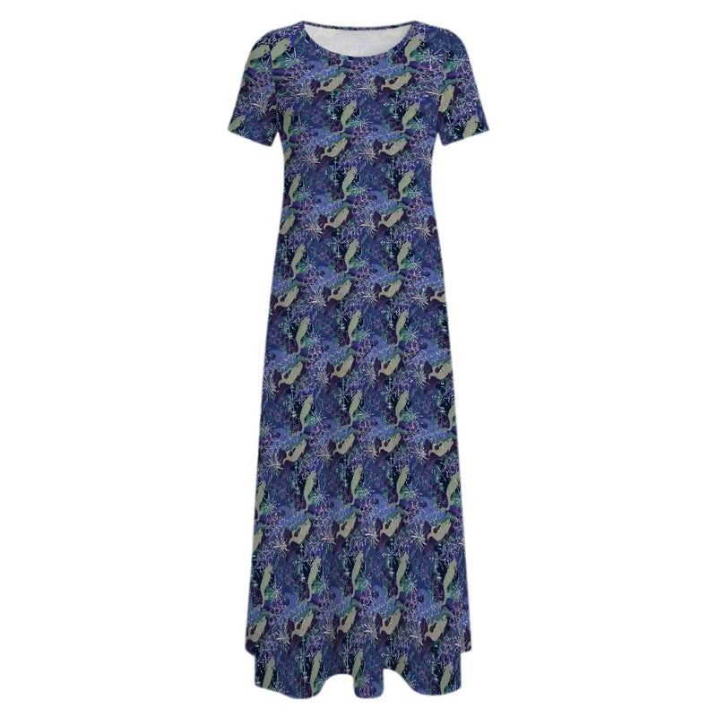 Space Whales & Snowflakes Crew Neck Short Sleeve Maxi Dress