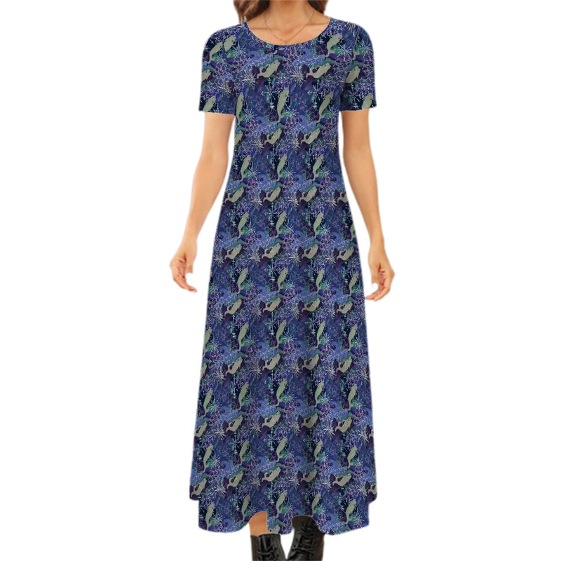 Space Whales & Snowflakes Crew Neck Short Sleeve Maxi Dress