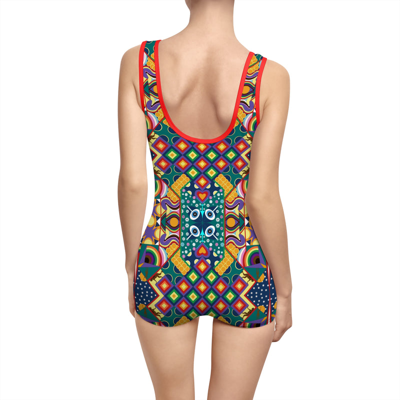 Chaos Iz Liberation Gender Neutral Swimsuit — Colorful Retro Geometric