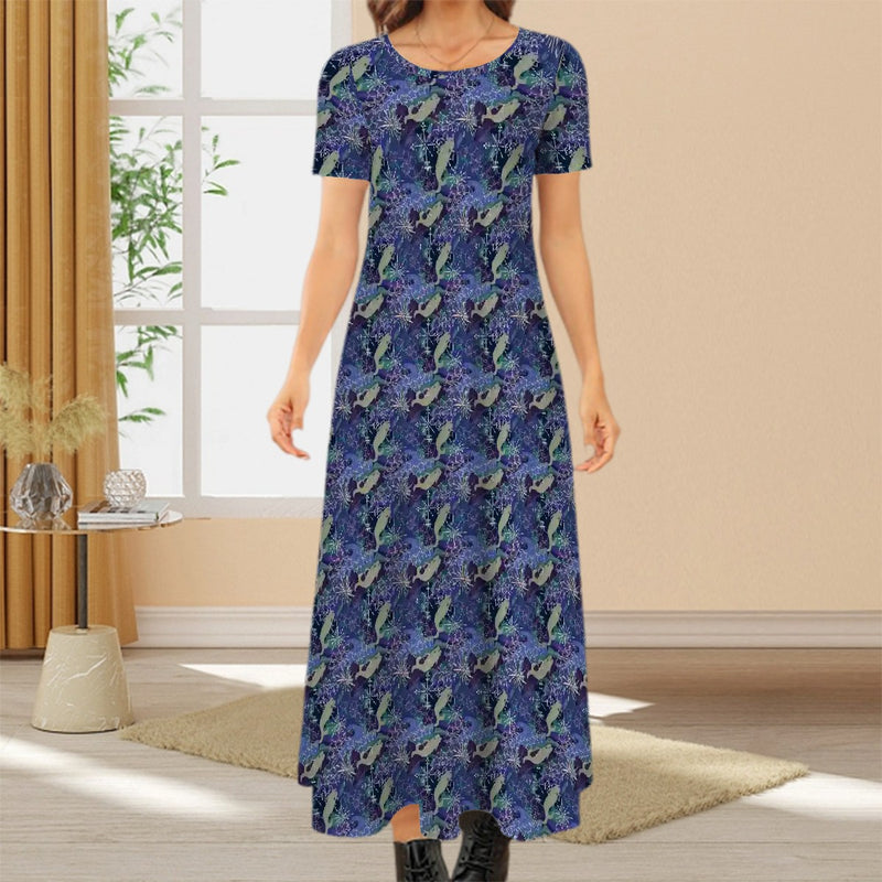 Space Whales & Snowflakes Crew Neck Short Sleeve Maxi Dress