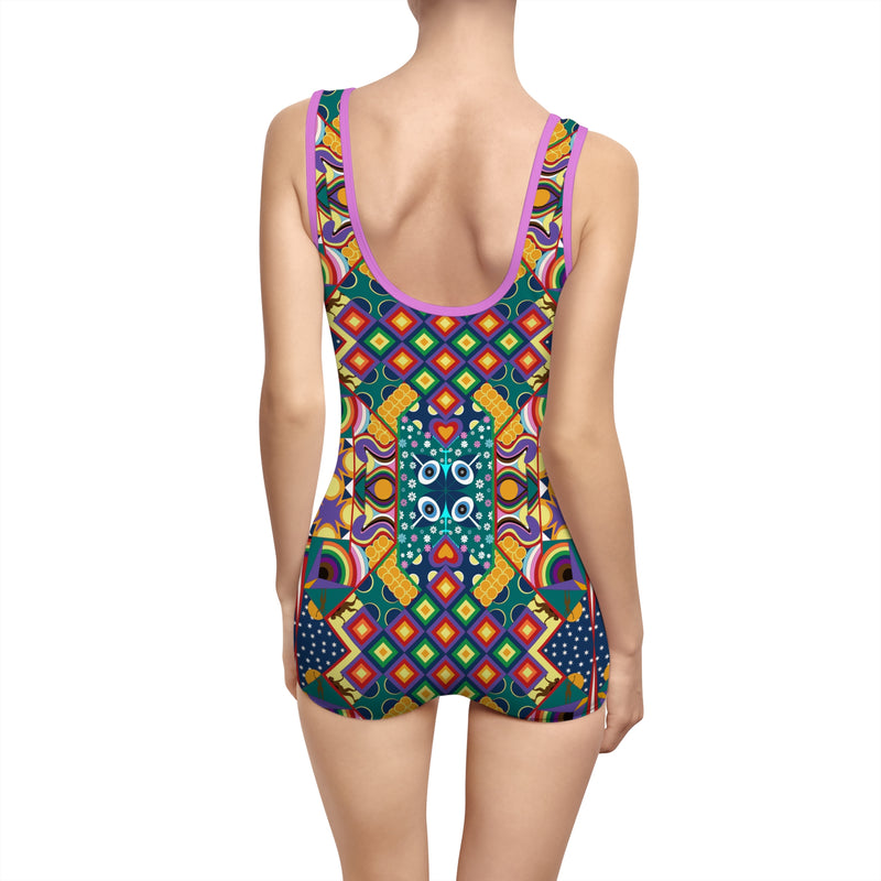 Chaos Iz Liberation Gender Neutral Swimsuit — Colorful Retro Geometric