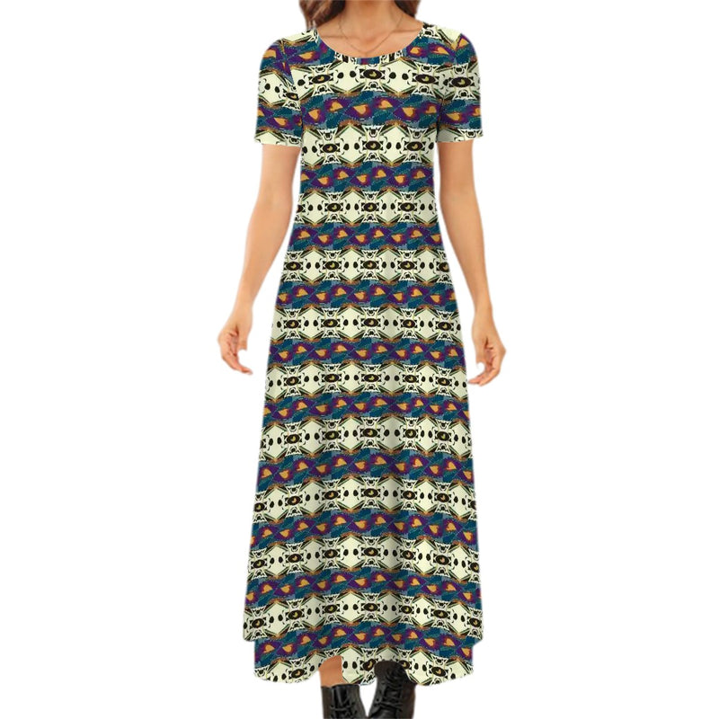 Spider Granma's Love Village Crew Neck Short Sleeve Maxi Dress